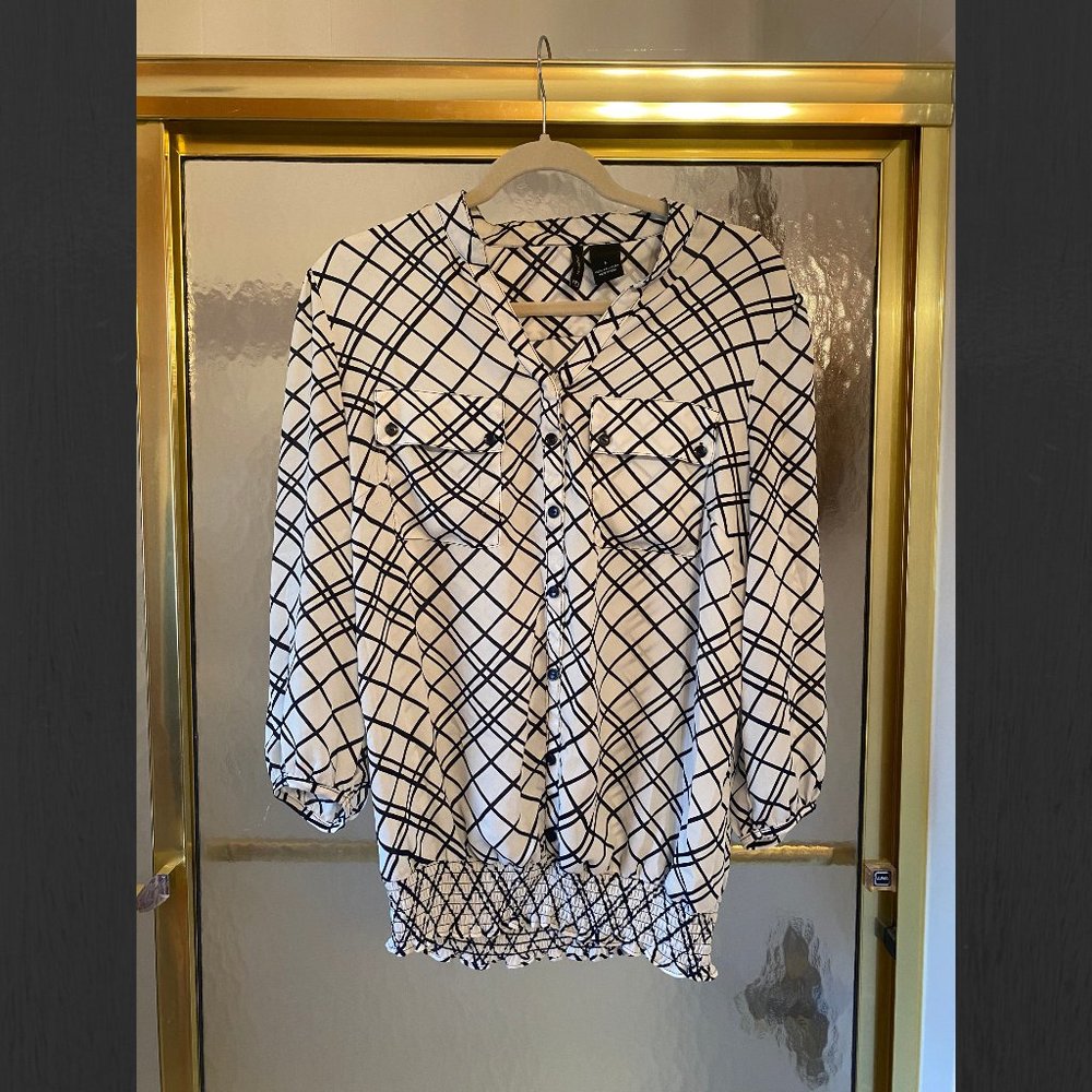 New Directions | Checkered Cinched Button Blouse